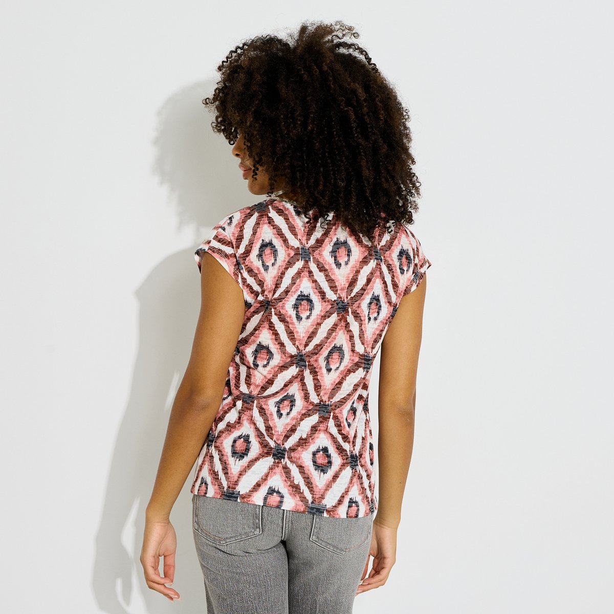 T-shirt col V imprimé géométrique rose, GRAIN DE MALICE