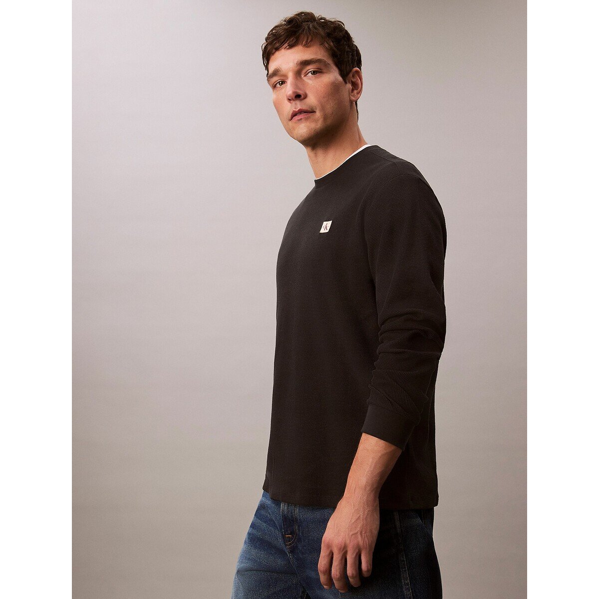 T-shirt met lange mouwen en reliëfstructuur zwart, CALVIN KLEIN JEANS