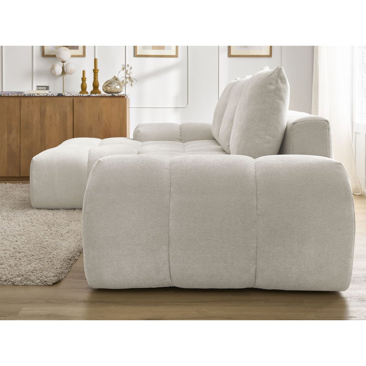 Canapé d'angle convertible 3 places en tissu texturé, EVEREST blanc, BOBOCHIC
