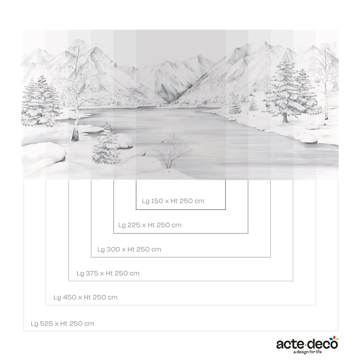 Papier peint Le lac de montagne, Gris 525 x 250cm gris, ACTE DECO