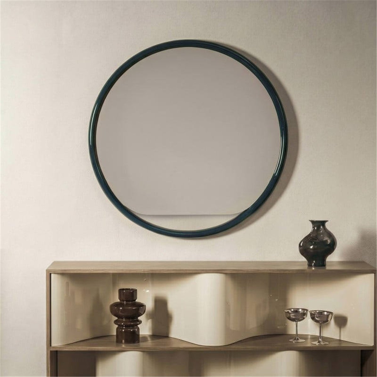 Miroir rond suspendu en bois, Finition brillante vert forêt brillant, RECOLLECTION