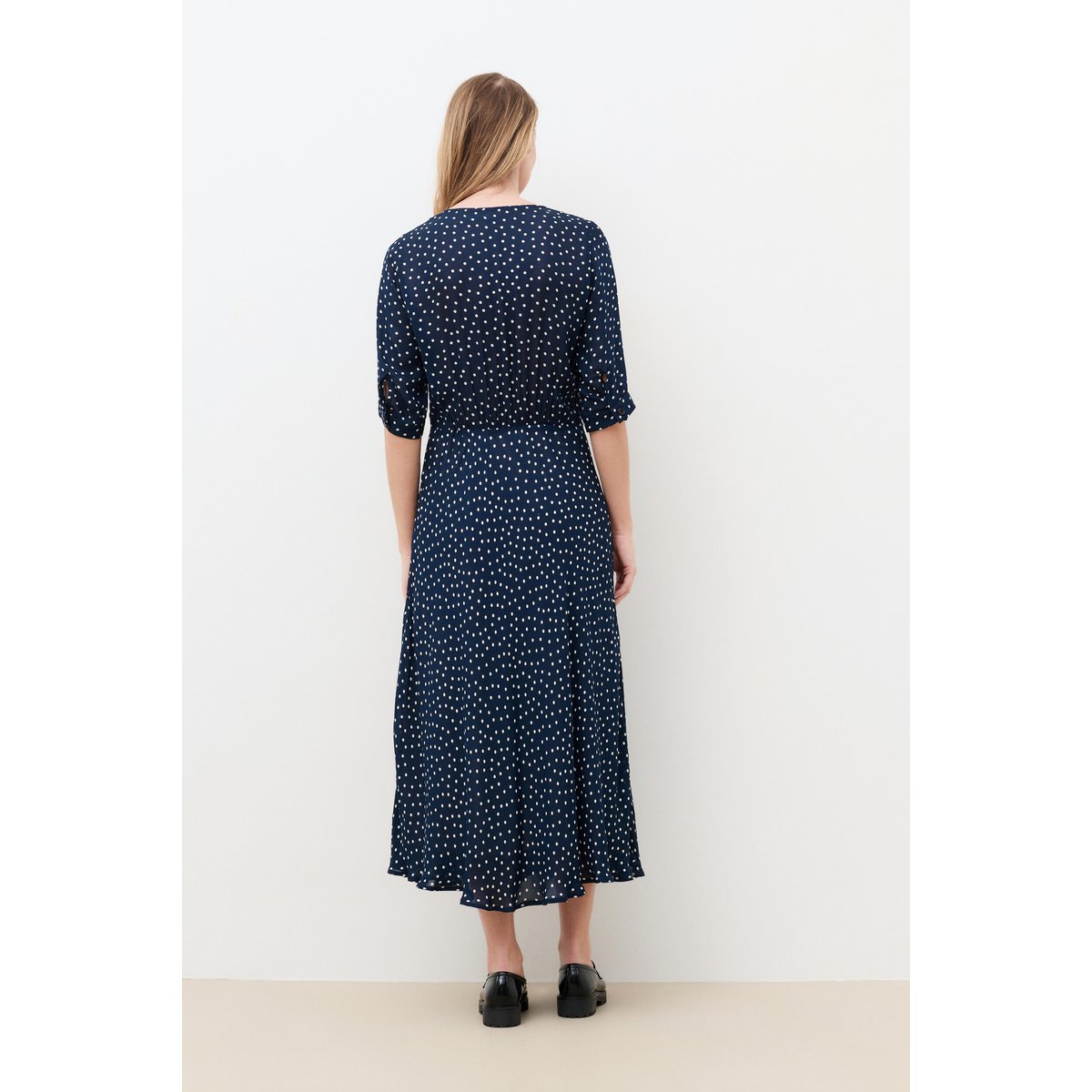 Robe longue cintrée col v RUMBA bleu marine, CAROLL