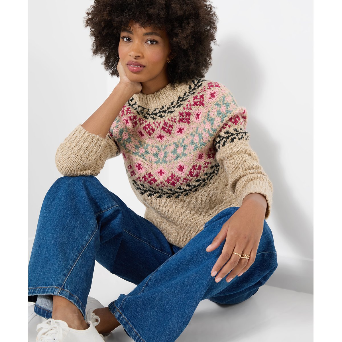 Pull Jacquard Fair Isle Fleuri Trinnie beige, JOE BROWNS