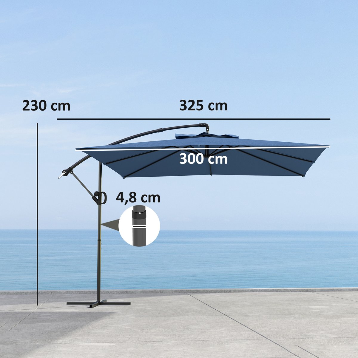 Parasol de terrasse à pied déporté Polyester bleu, OUTSUNNY