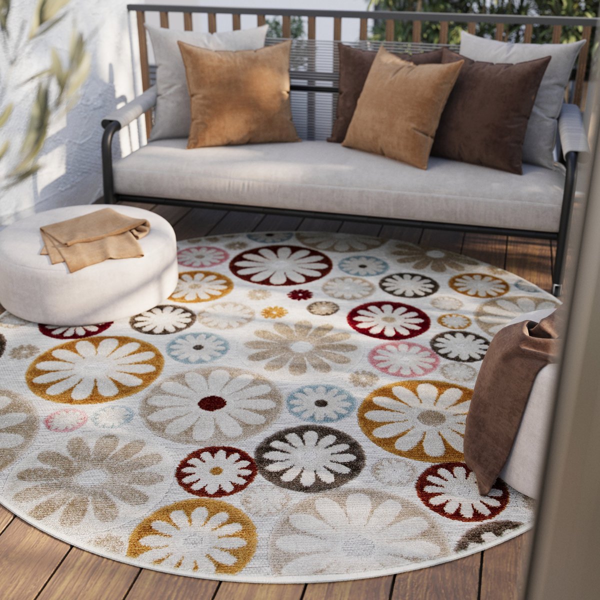 Tapis rond intérieur extérieur bohème floral ,  Flowerdrops multicolore, WECON HOME