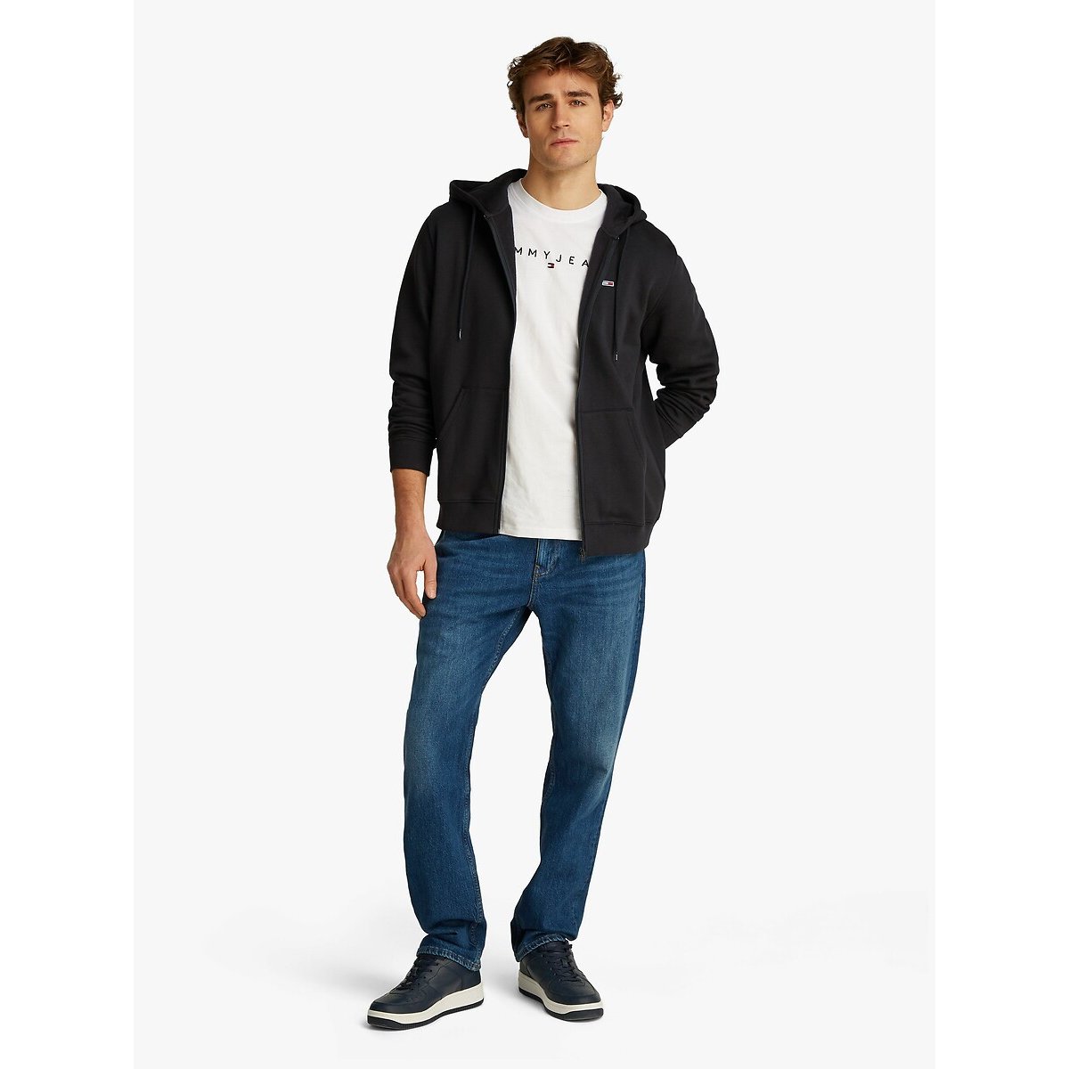 Felpa con cappuccio e zip in tessuto spazzolato nero , TOMMY JEANS