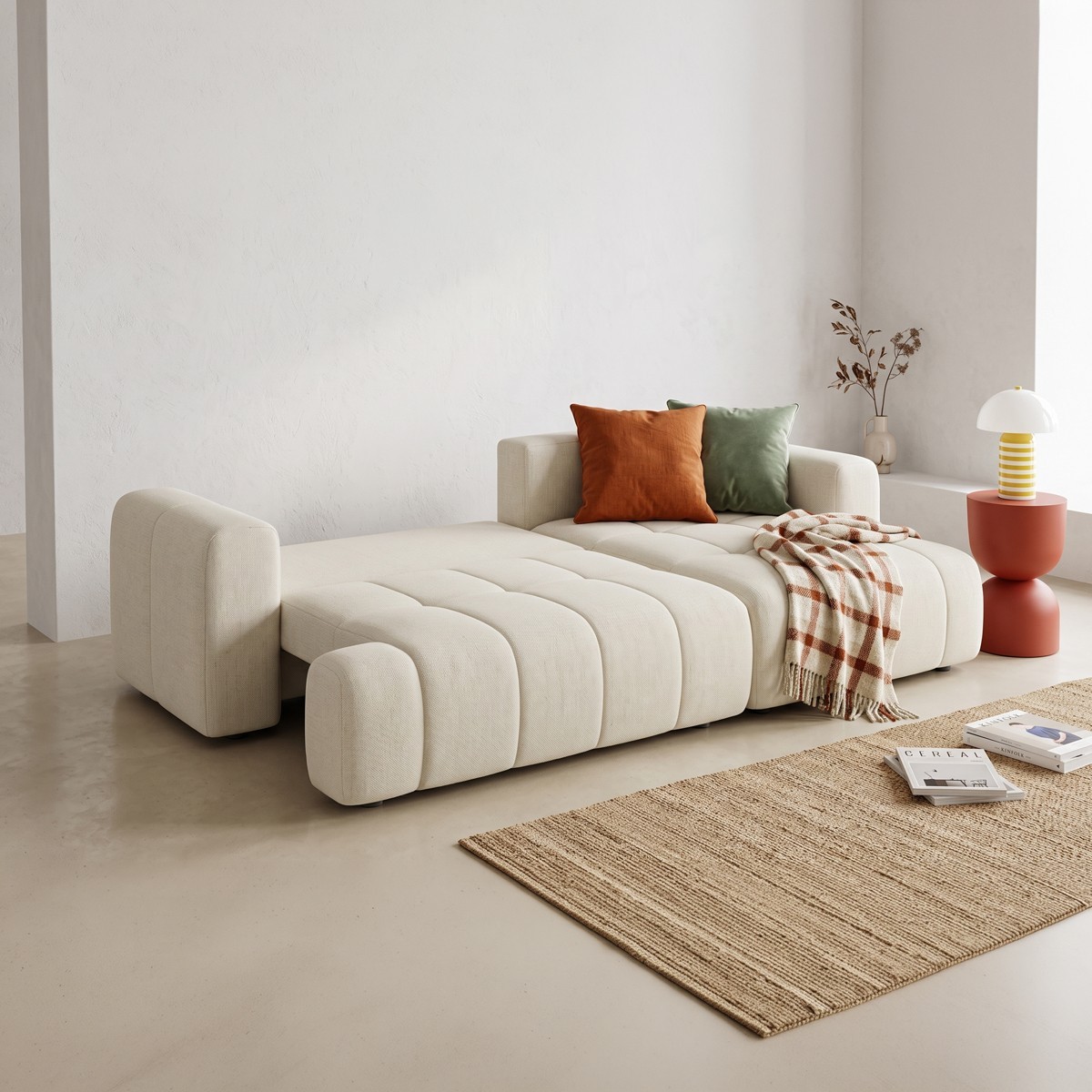 Canapé d'angle à droite convertible 4 places en tissu chenille - ouverture rapide - KARL beige, HOMIFAB