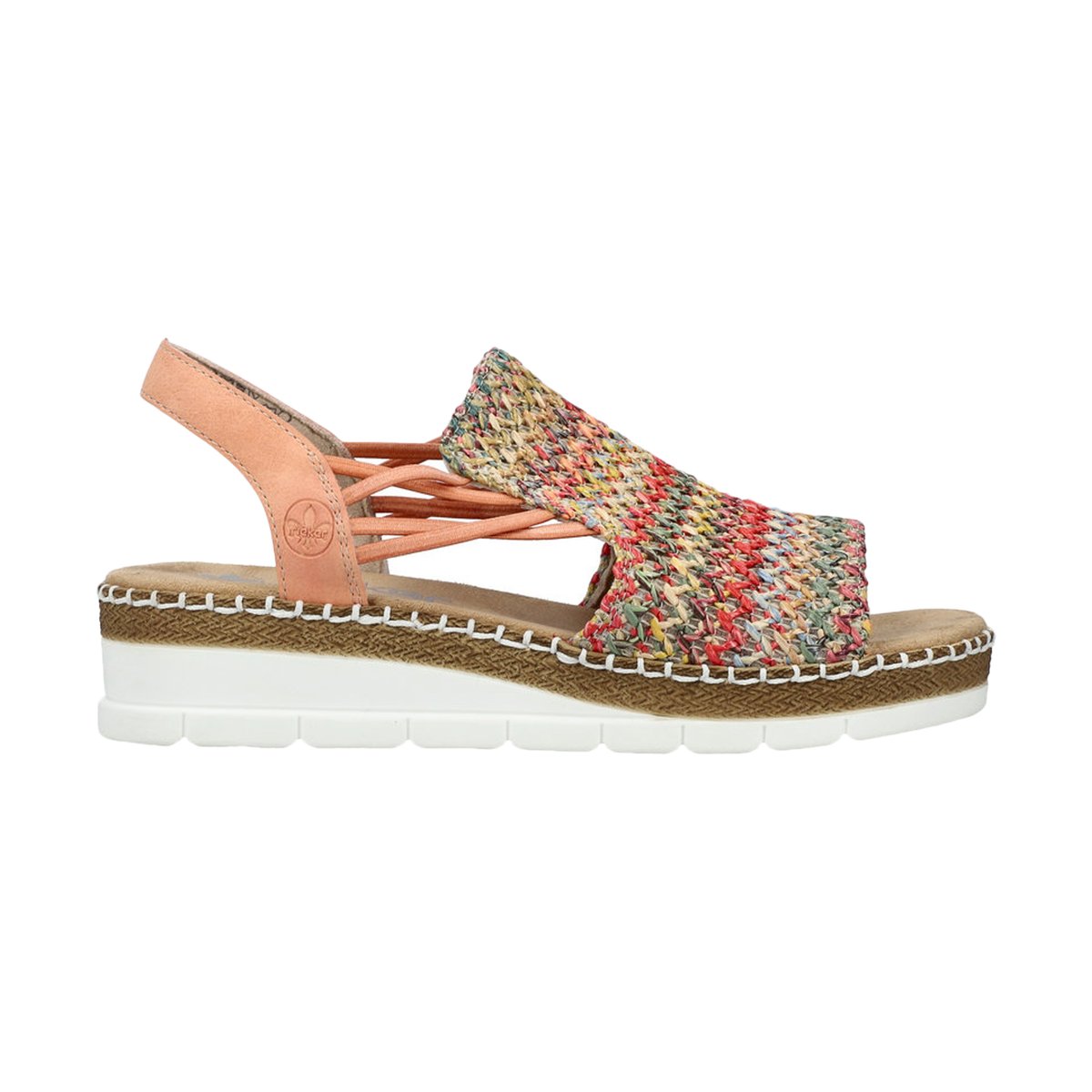 Sandales abricot avec une tige en tressage multicolore et à talon compensé abricot, RIEKER