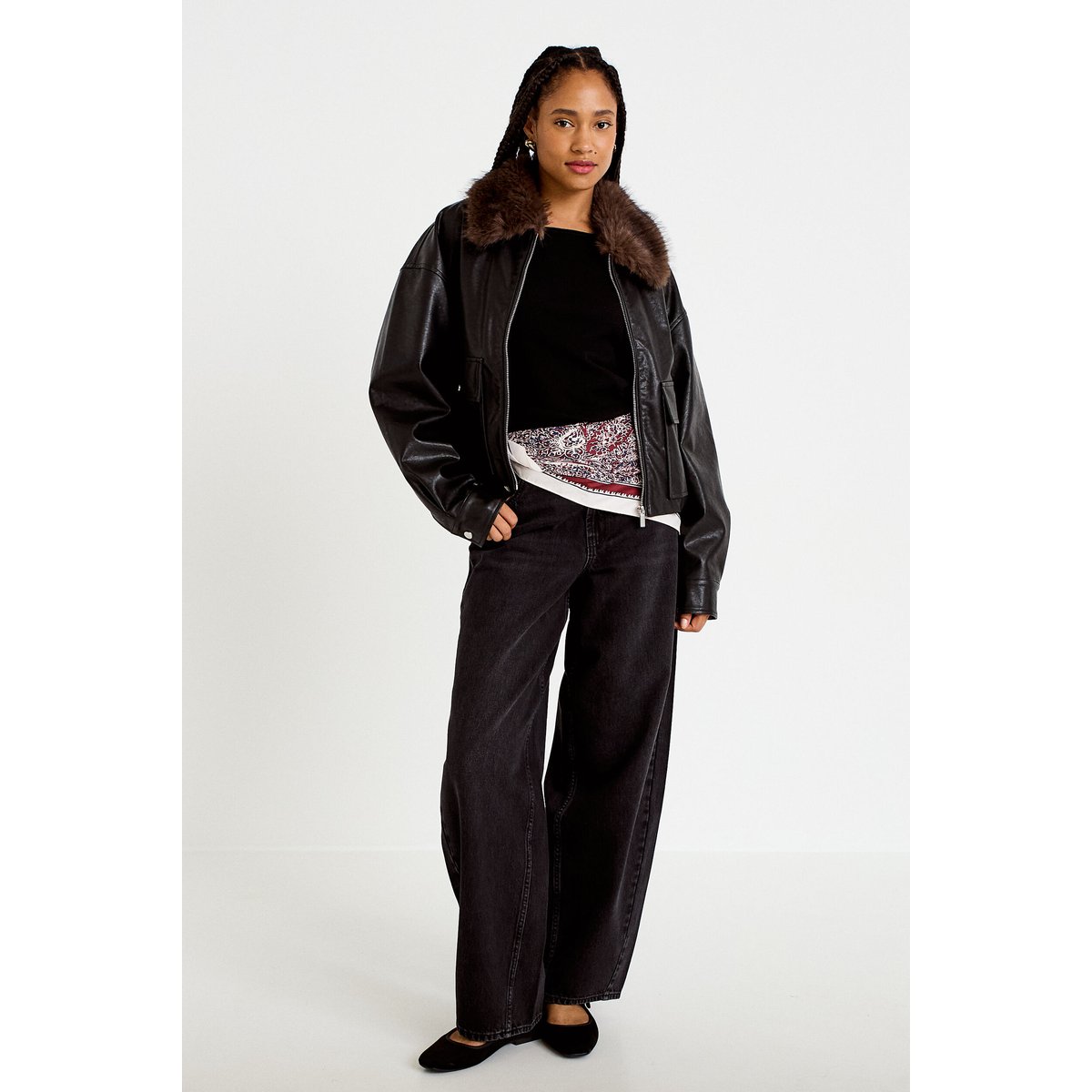 Veste droite similicuir col tailleur noir, CACHE CACHE