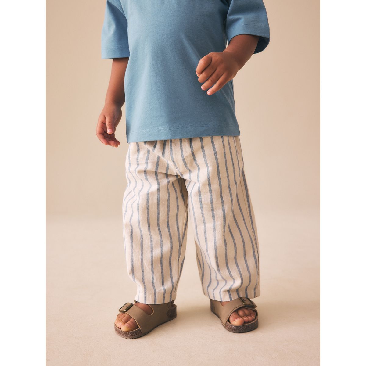 Pantalon large à enfiler en lin mélangé bleu/écru, NEXT
