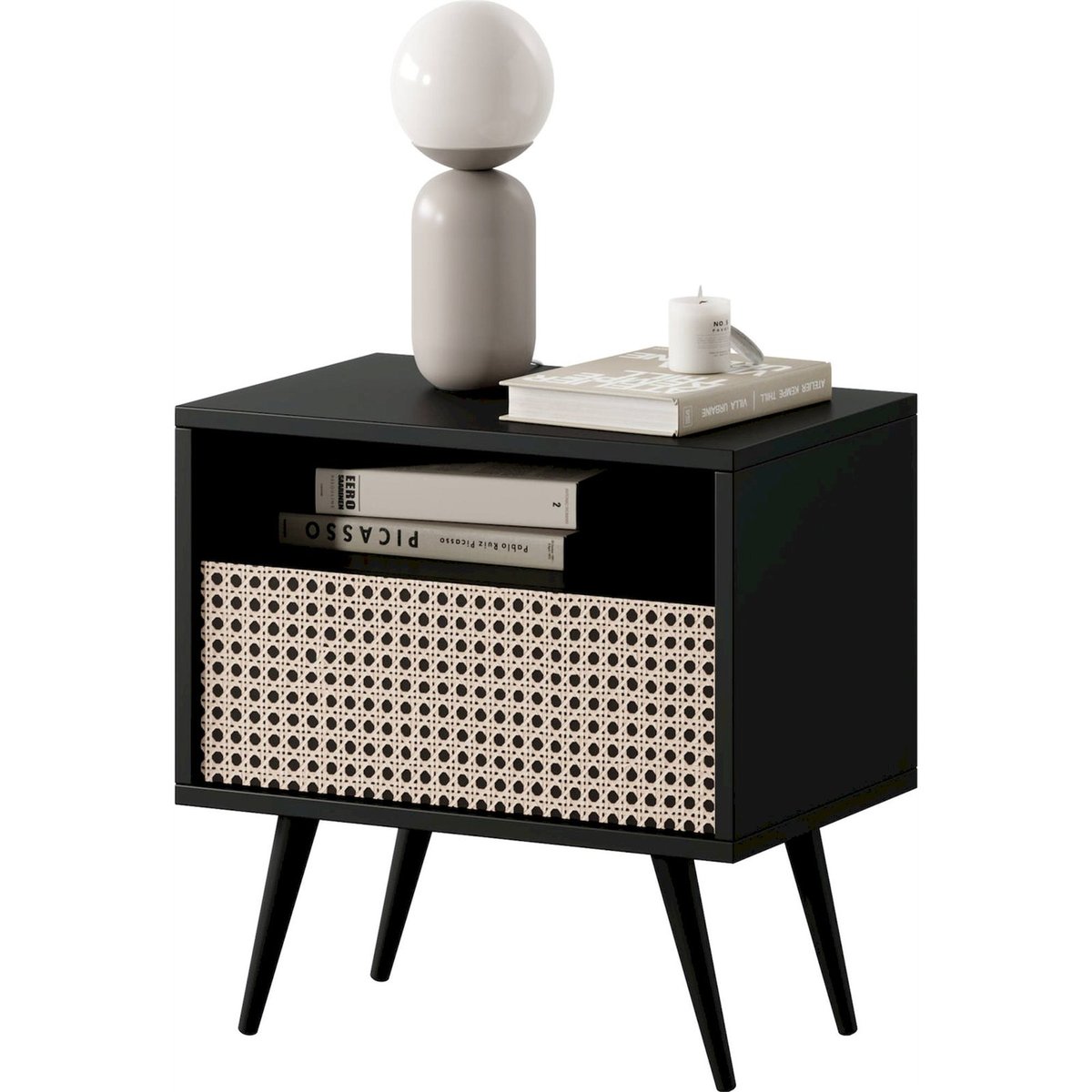 Table de chevet cannage collection BELLO noir avec décor cannage beige, RECOLLECTION