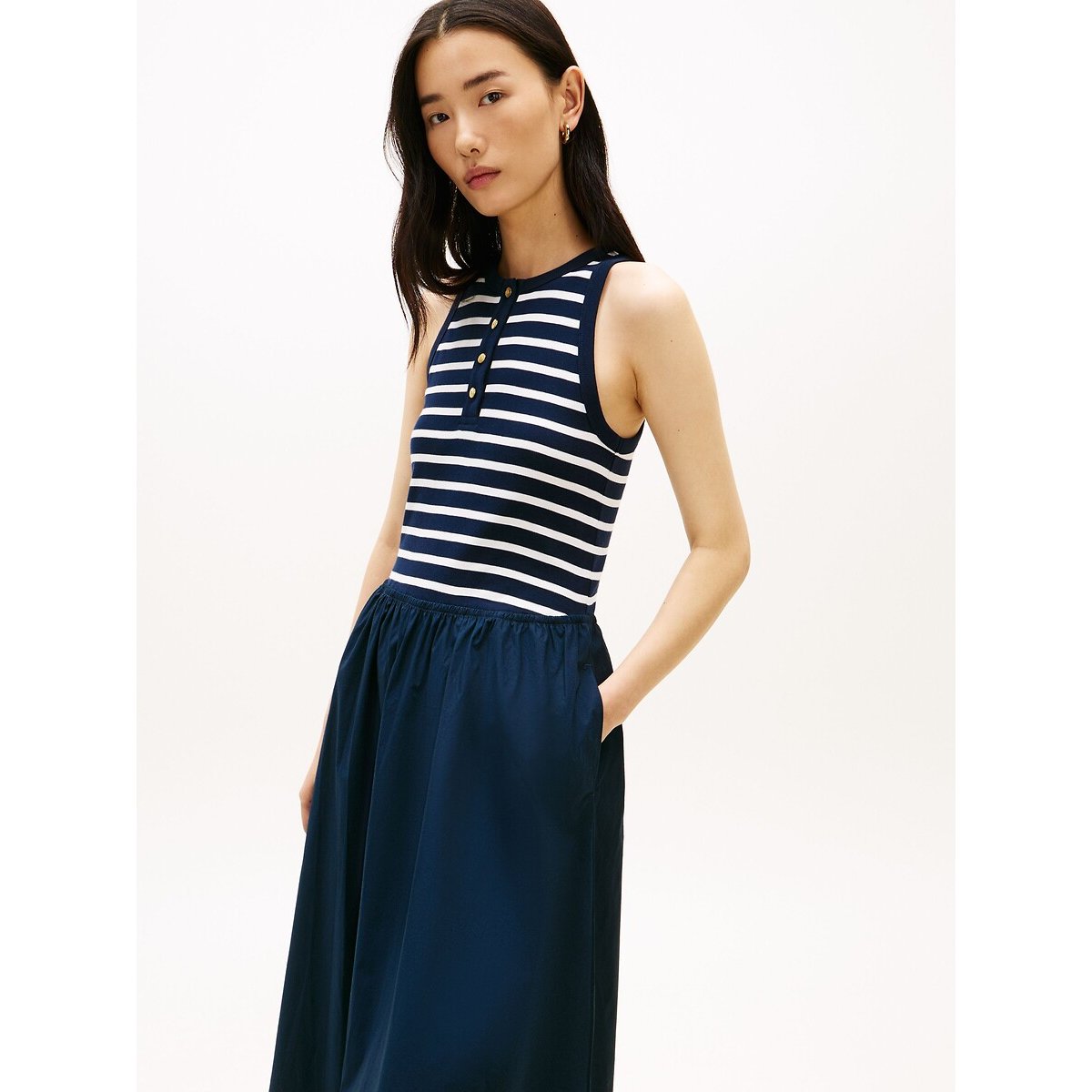 Midi Dress with Striped Top and Poplin Skirt navy/ecru, TOMMY HILFIGER