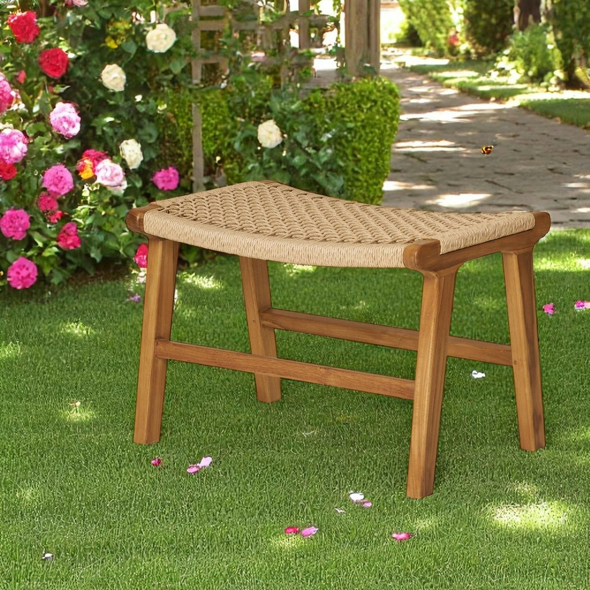 Tabouret repose-pieds en teck et fibre naturelle tressée MENDOZA bois naturel, PIER IMPORT