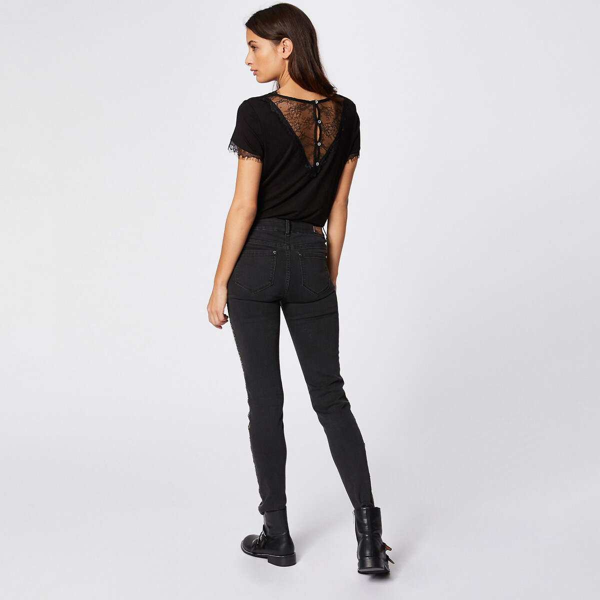 Lace Trim Short-Sleeved V-Neck T-Shirt black, MORGAN