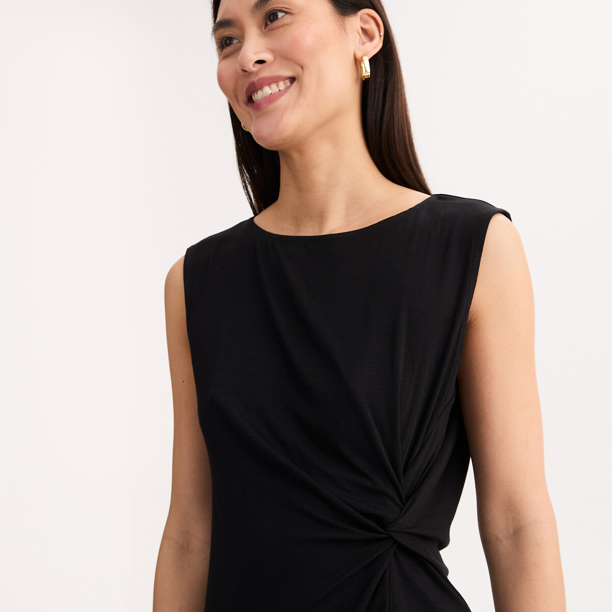 Sleeveless Draped Crew Neck T-Shirt black, ANNE WEYBURN