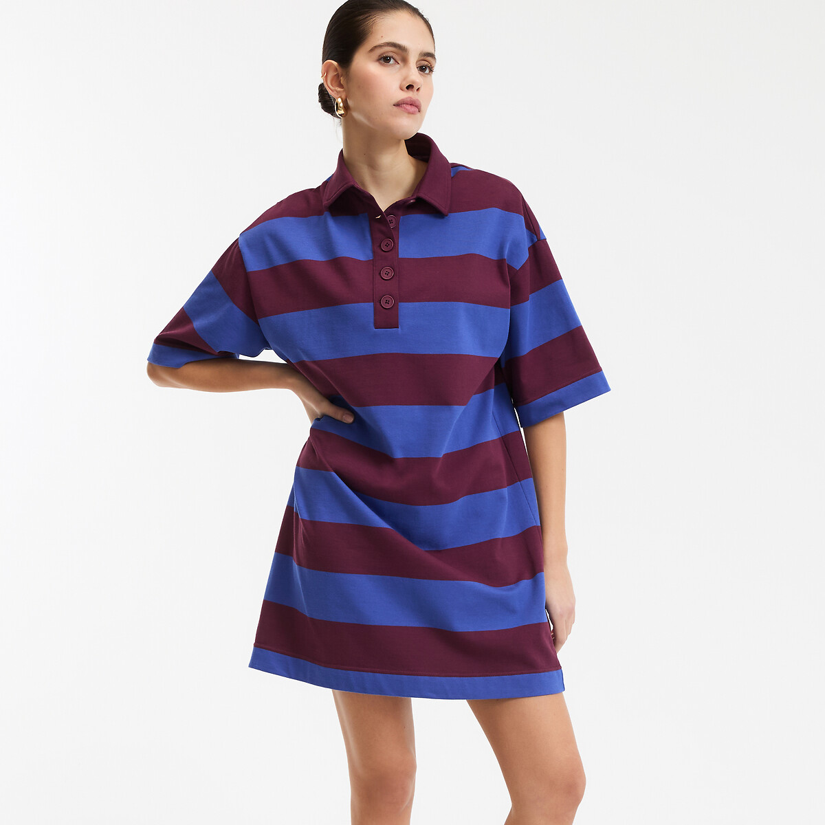 Robe col polo, à rayures, courte, manches courtes rayé bordeaux/bleu, LA REDOUTE COLLECTIONS