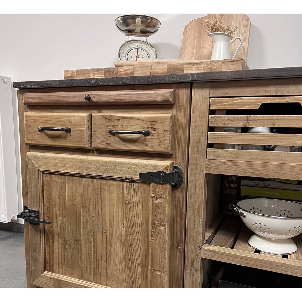 Meuble bas de cuisine en bois recyclé et pierre bleue CHAMPÊTRE bois clair, MADE IN MEUBLES