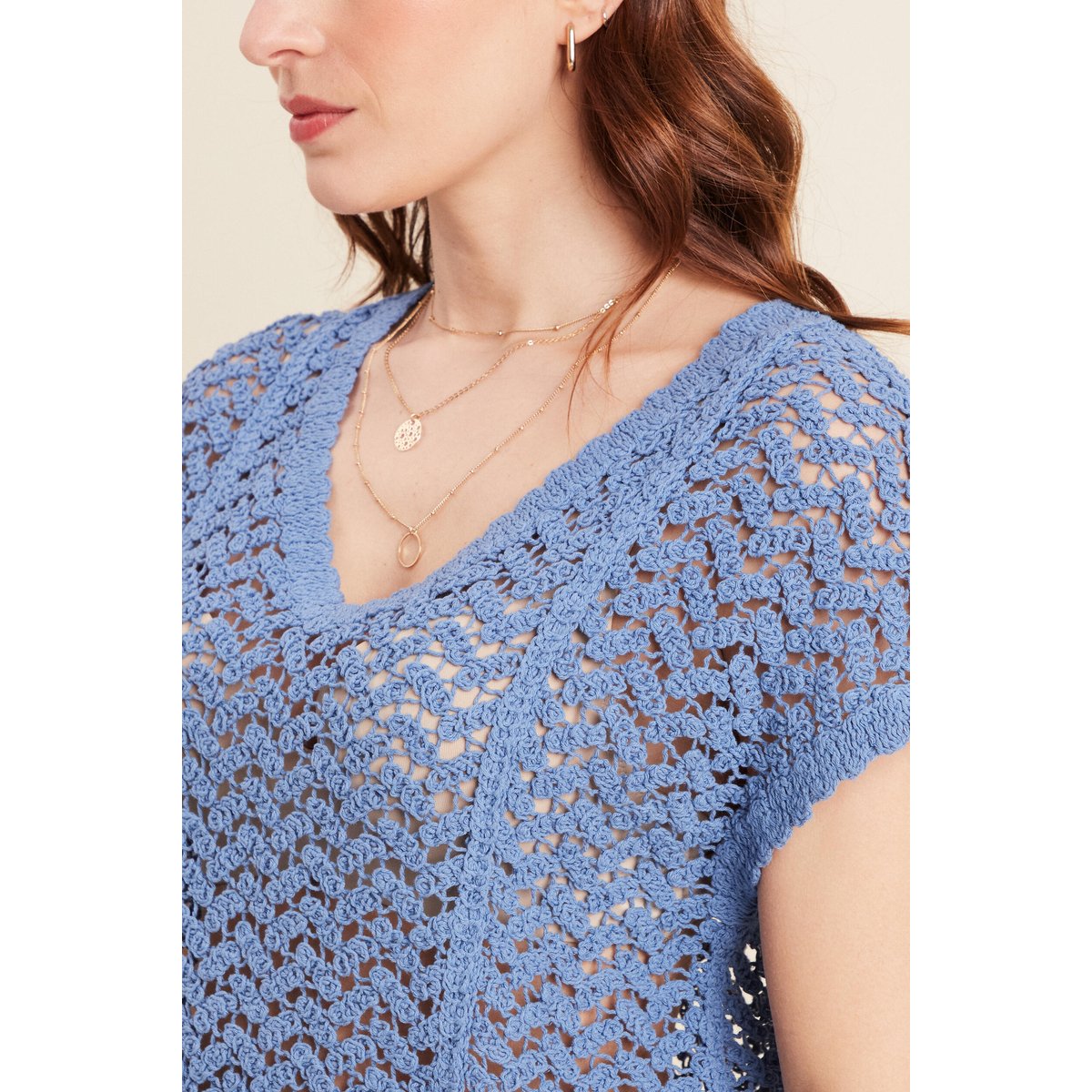 Pull manches courtes ajouré bleu ciel, BREAL