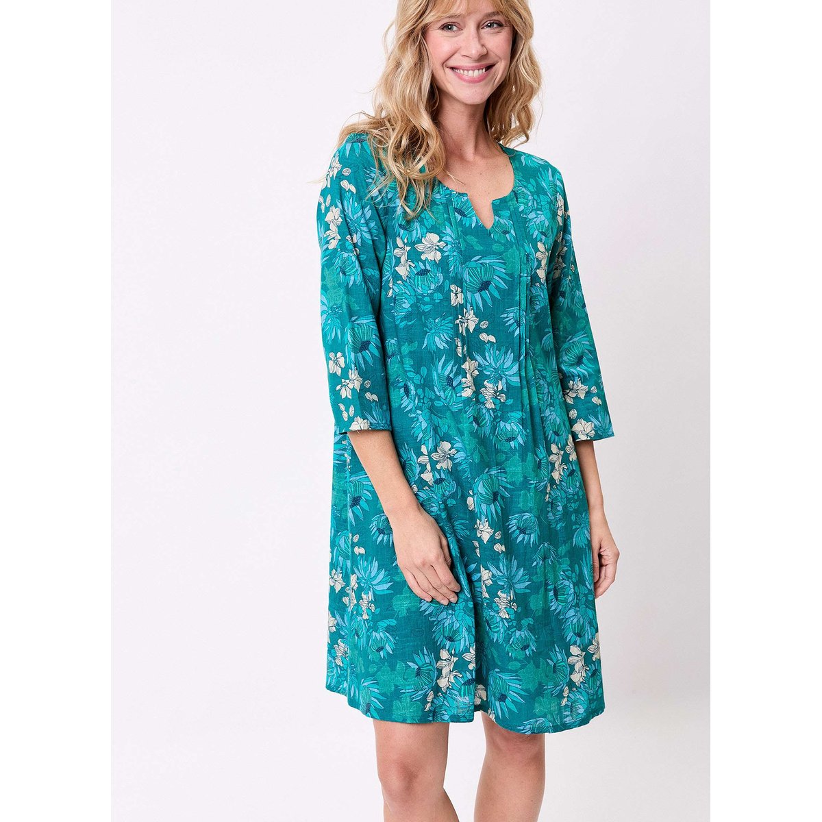 Robe imprimée coton bio plissée SANCHI vert emeraude, LA FIANCÉE