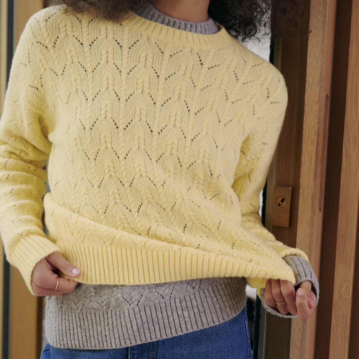 Trui met ronde hals, in ajourtricot geel   , LA REDOUTE COLLECTIONS