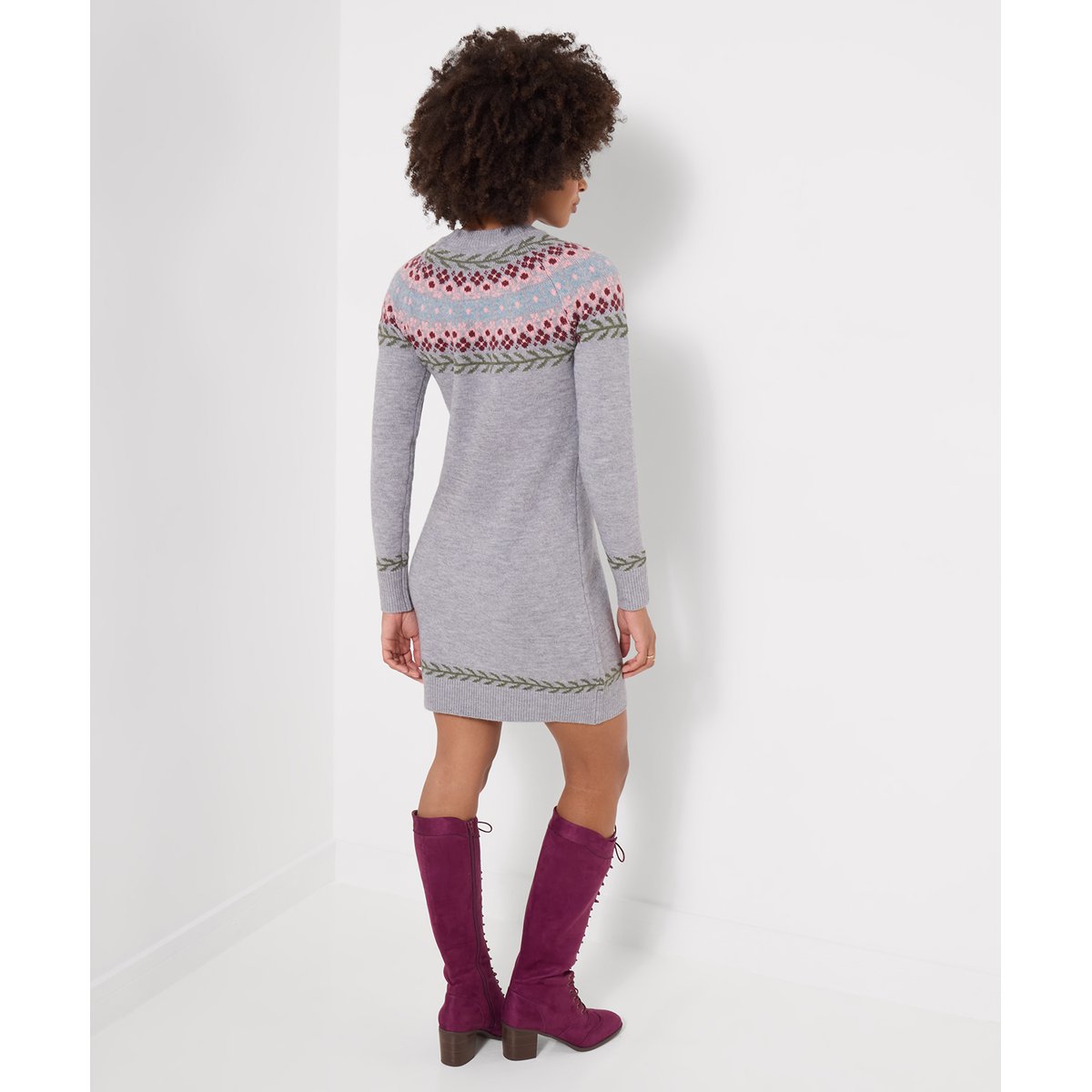 Robe en Maille Jacquard Fair Isle Fleurie gris, JOE BROWNS