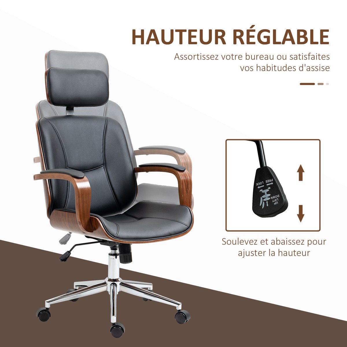 Chaise de bureau Polyuréthane Noir noir et noyer, HOMCOM
