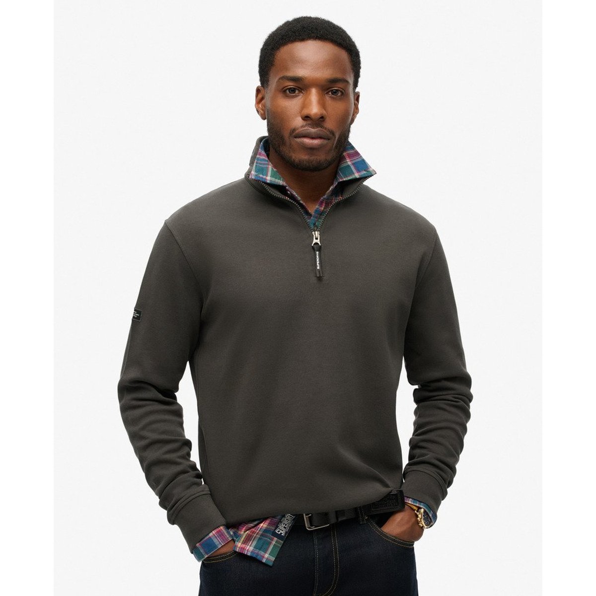Sweat à col zippé et logo Utility noir délavé, SUPERDRY
