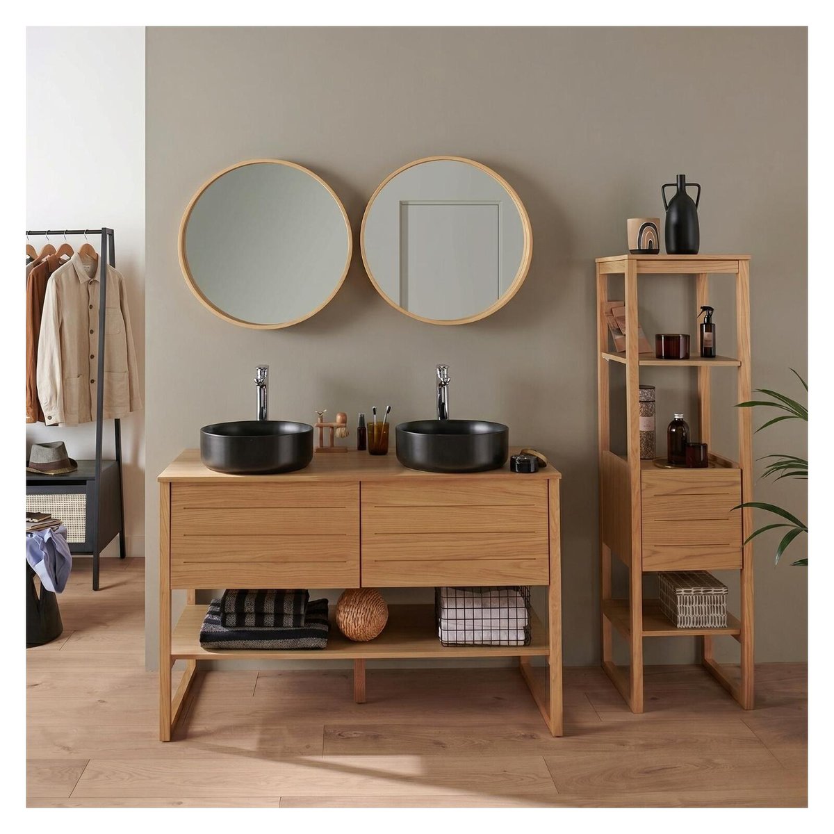 Meuble double 120cm chêne vasques noires robinets miroirs colonne ATOLL v002233, MOB IN