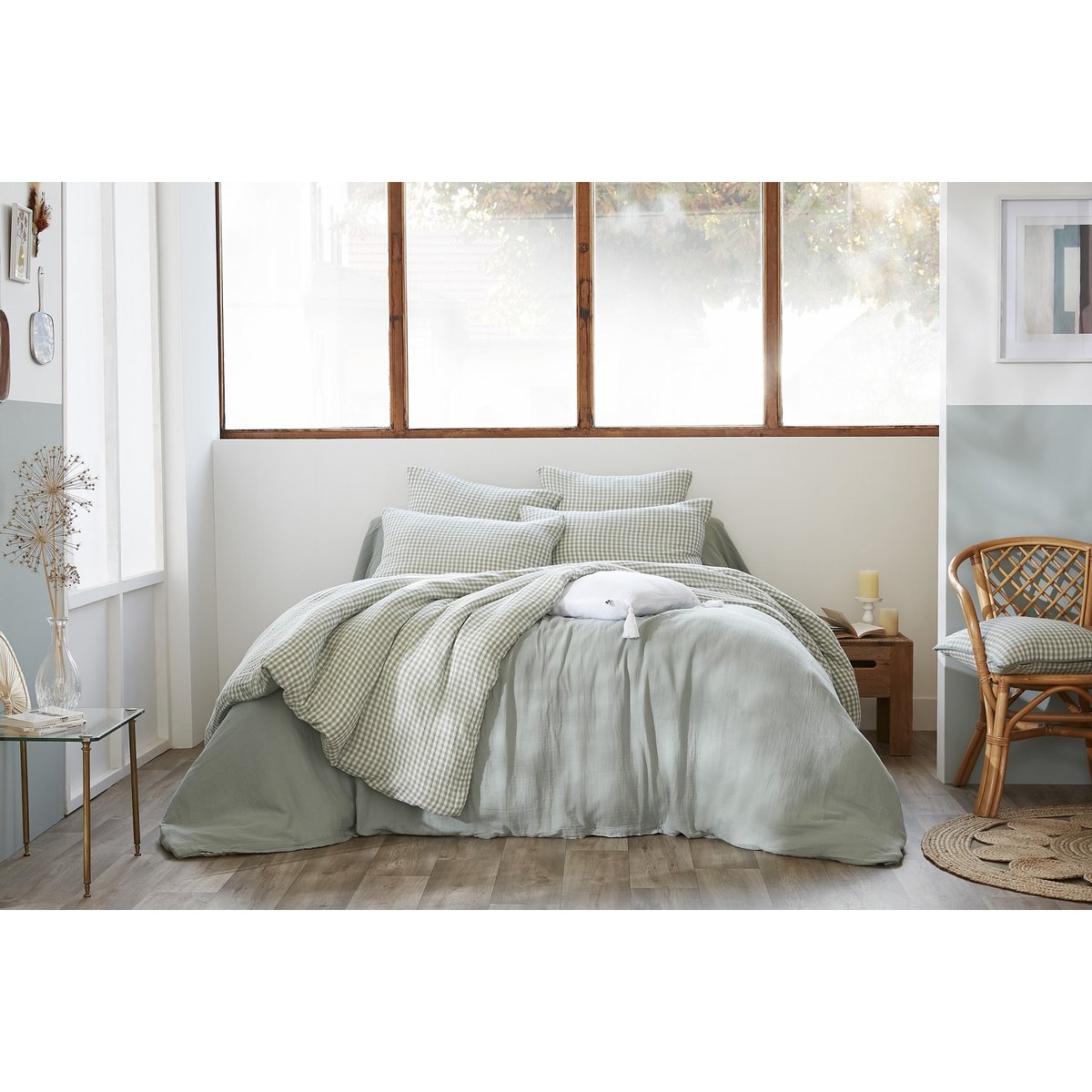Housse de couette réversible en gaze de coton  Modèle VICKIE eucalyptus, EDEN