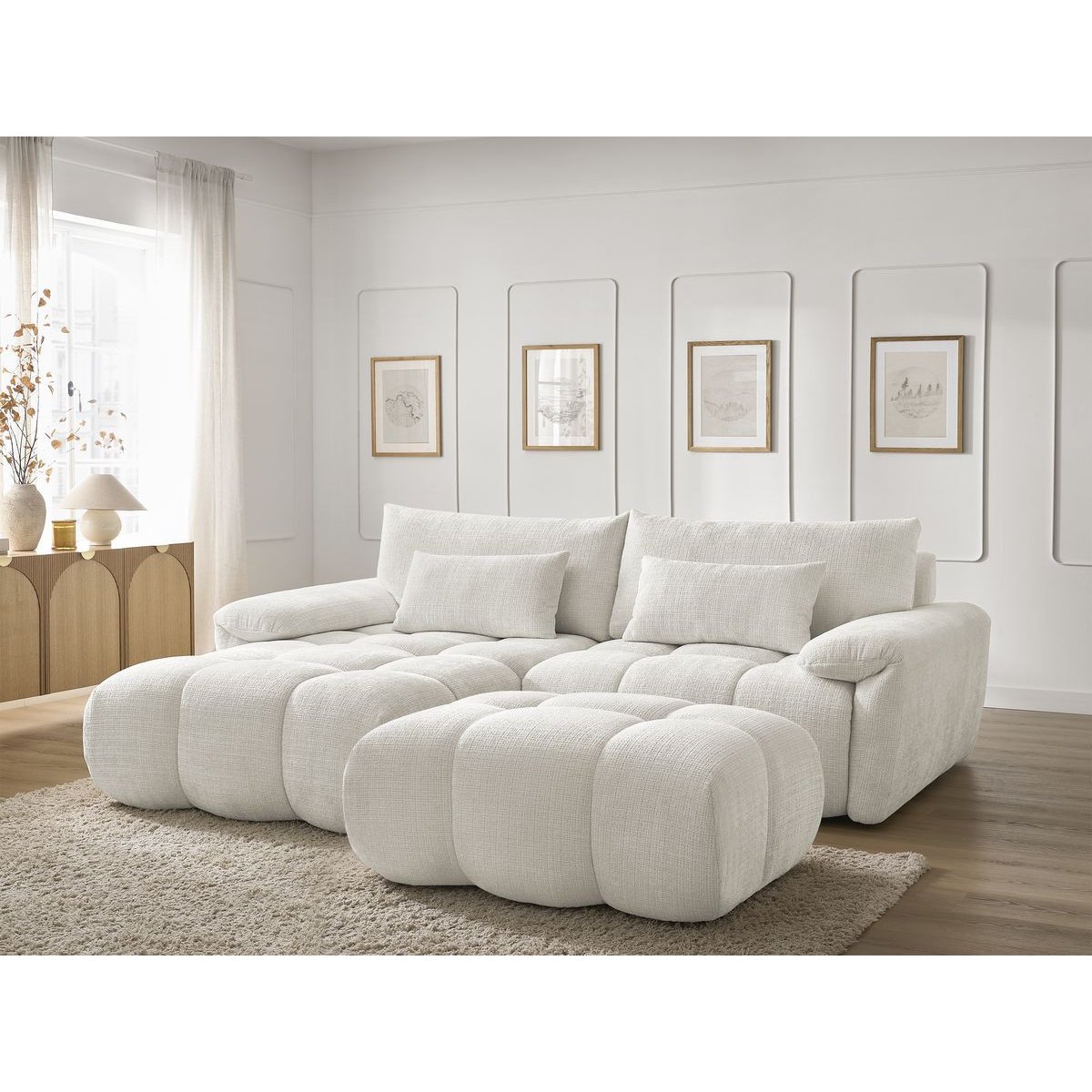 Canapé d'angle fixe 4 places en tissu texturé, IVANE blanc, BOBOCHIC