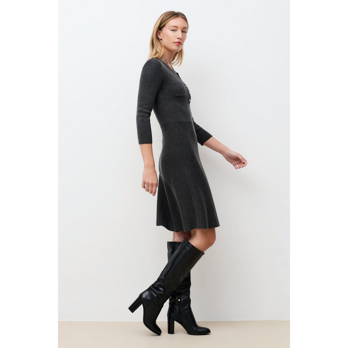Robe cintrée col tunisien RMARISOL gris, CAROLL