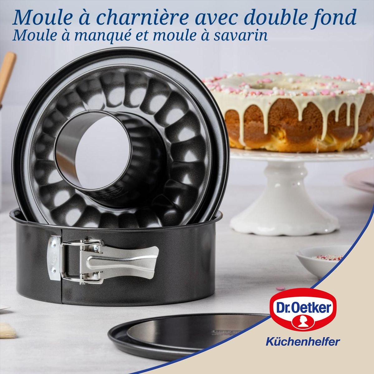 Moule à manqué à charnière avec fond à savarin 20 cm BACK FREUDE noir, DR OETKER