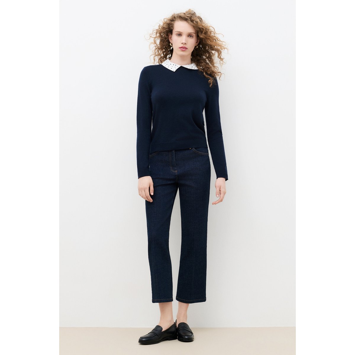 Pull droit col chemise cachemire MPAMELA bleu marine, CAROLL