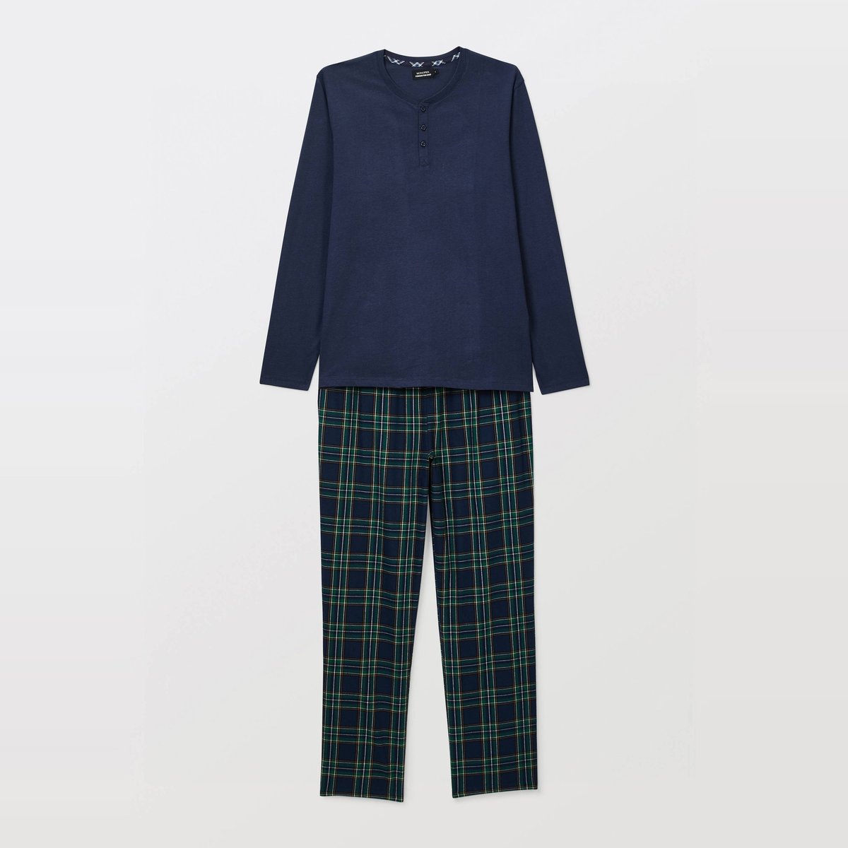 Pyjama manches longues en jersey et pantalon en flanelle en coton marine, MONOPRIX