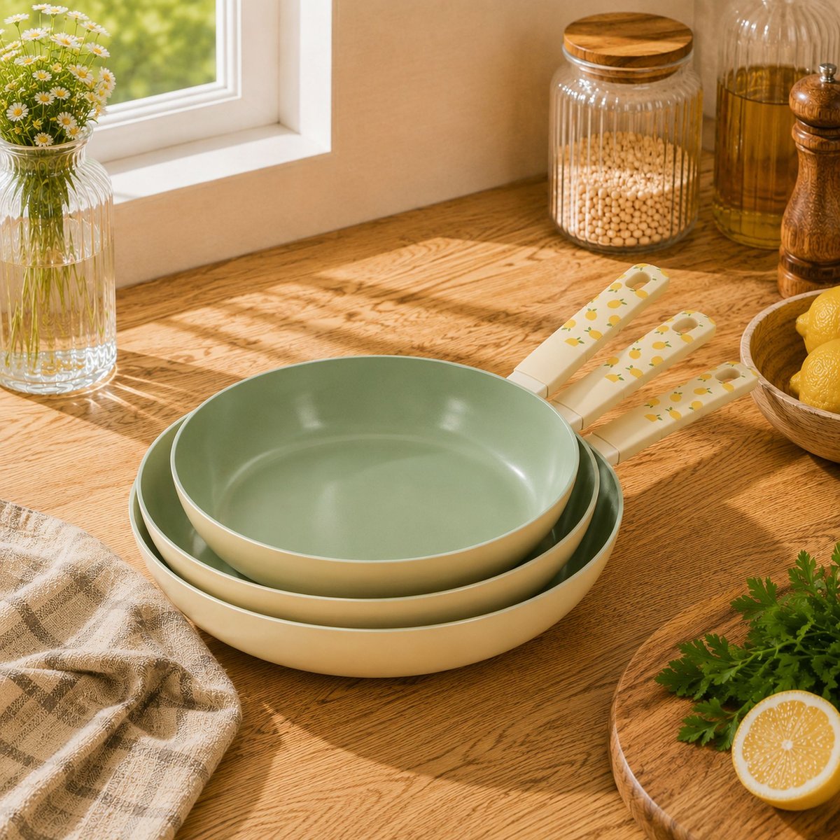 Poêle 24cm en aluminium, CITRON beige-vert, MENASTYL
