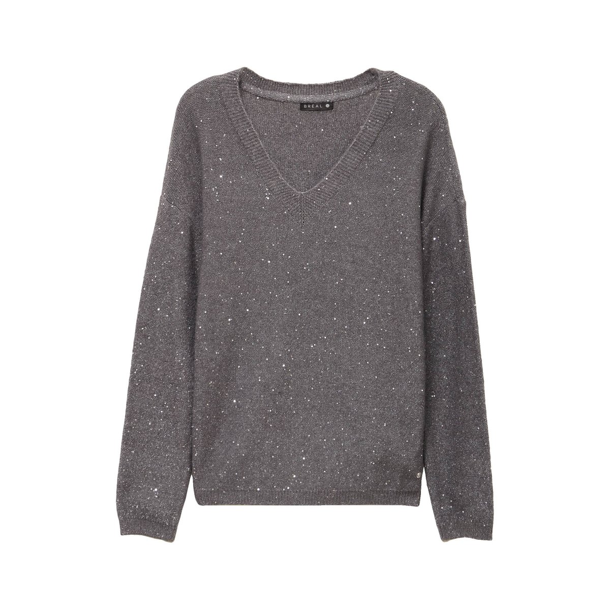 Pull col v manches longues à sequins gris foncé, BREAL