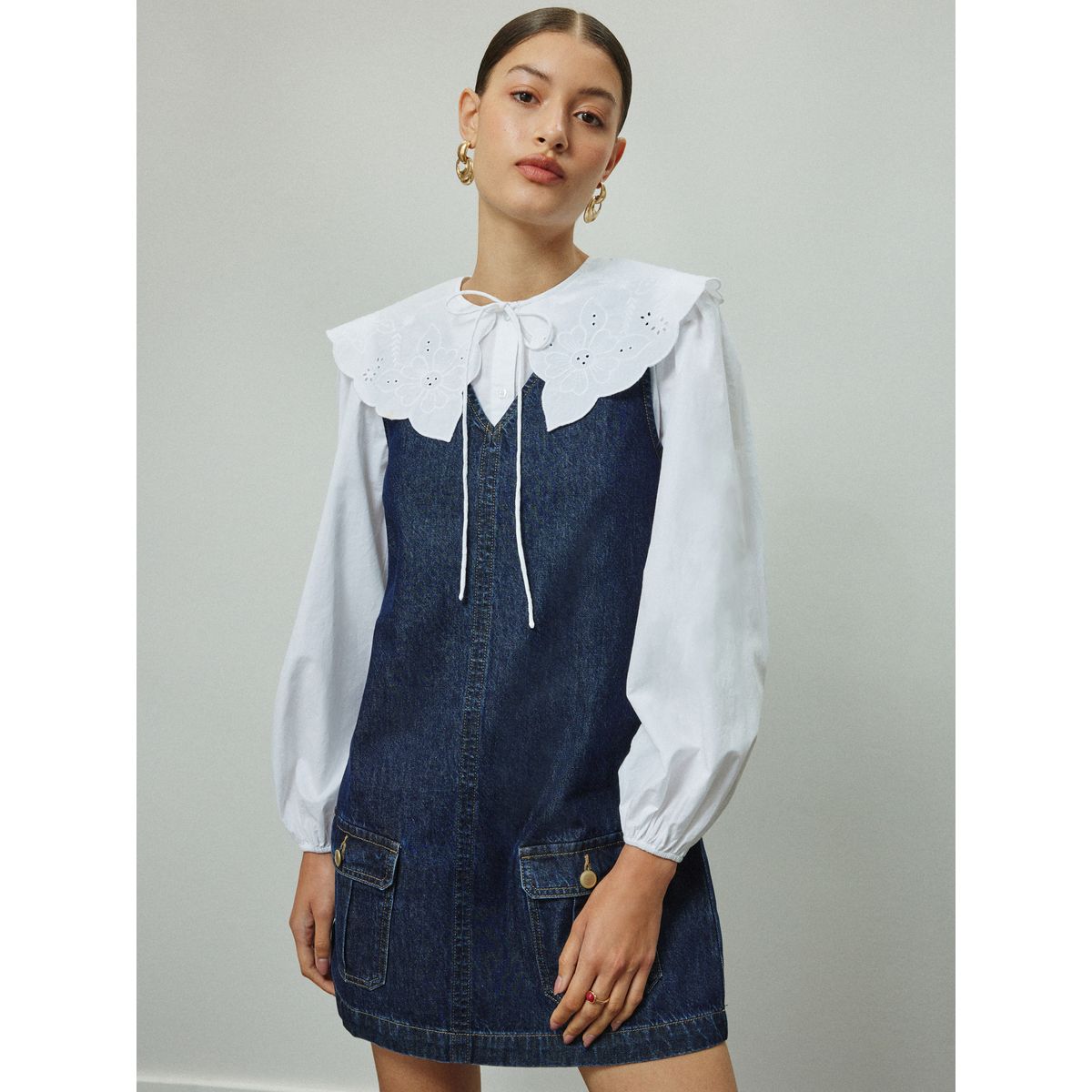 Robe chasuble courte en jean bleu foncé, NEXT