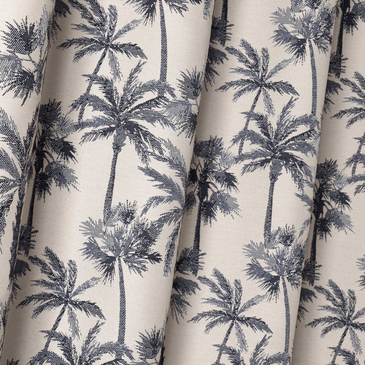 Rideau œillets motif palmier tamisant en tissu texturé bleu, LINDER