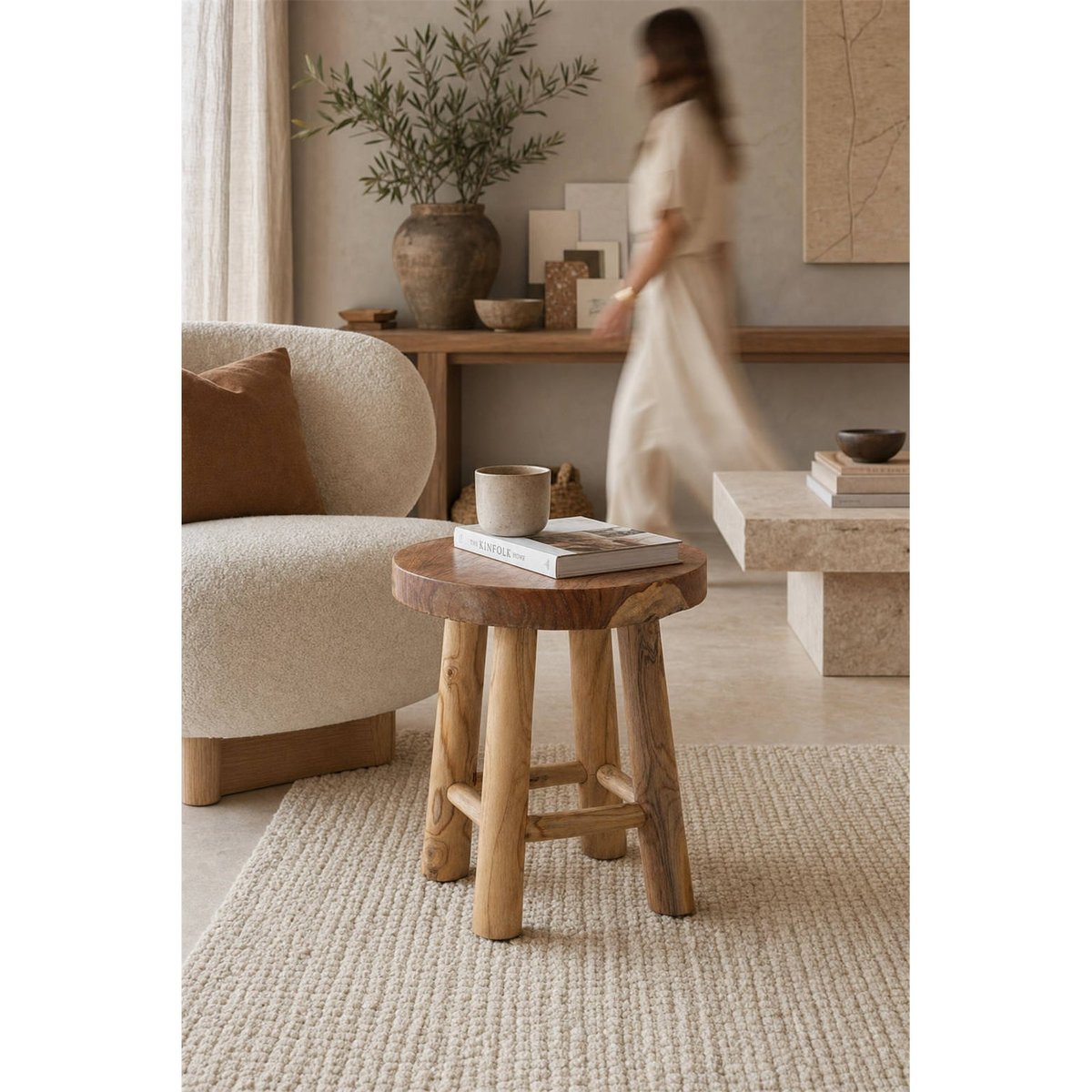 Tabouret rond en bois de teck naturel, RECOLLECTION