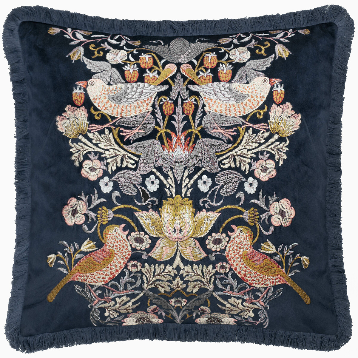 Strawberry Thief Embroidered Velvet Cushion indigo, MORRIS & CO.