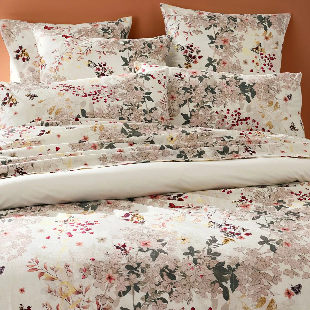 Drap plat percale de coton lavé VINTAGE FLOWERS cranberry, GARNIER THIEBAUT