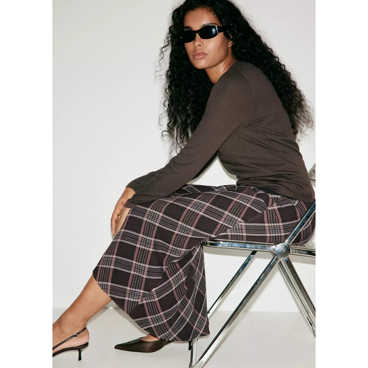 Jupe midi carreaux marron, MANGO