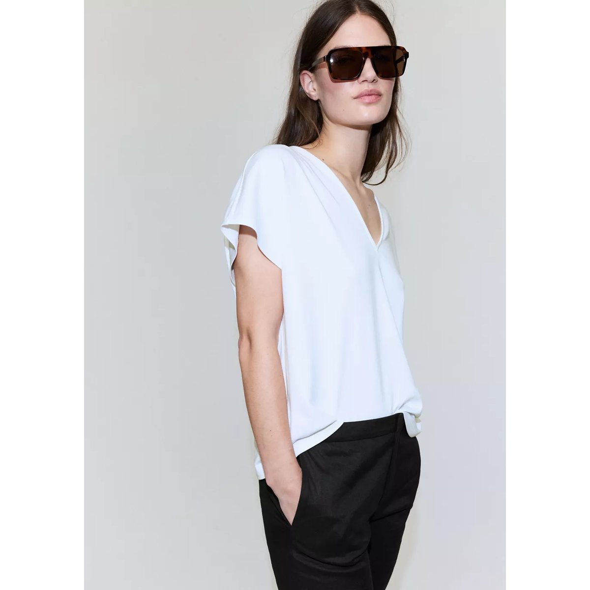 T-shirt coton col en V blanc, MANGO