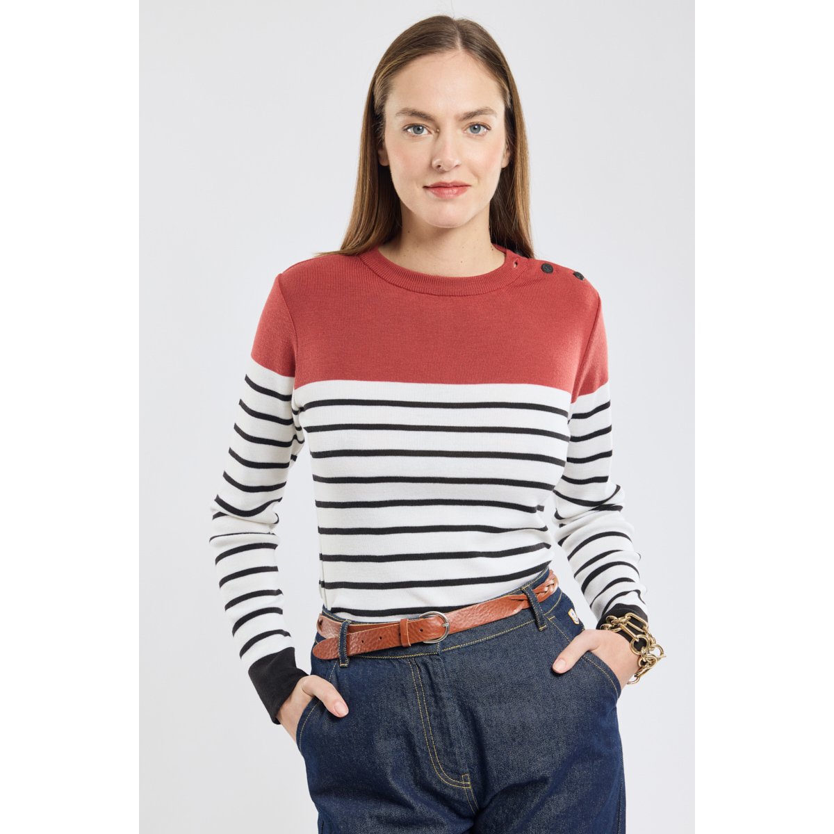 Pull marin avec coudières en laine noir/nature/passata, ARMOR-LUX