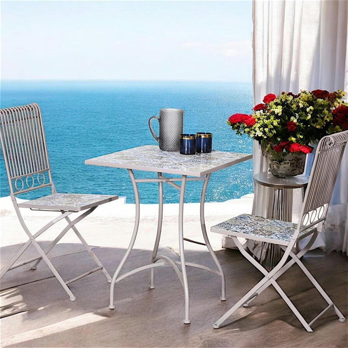 Table de jardin carrée en fer forgé plateau déco carreaux de ciment bleus style vintage GRENADE taupe, PIER IMPORT