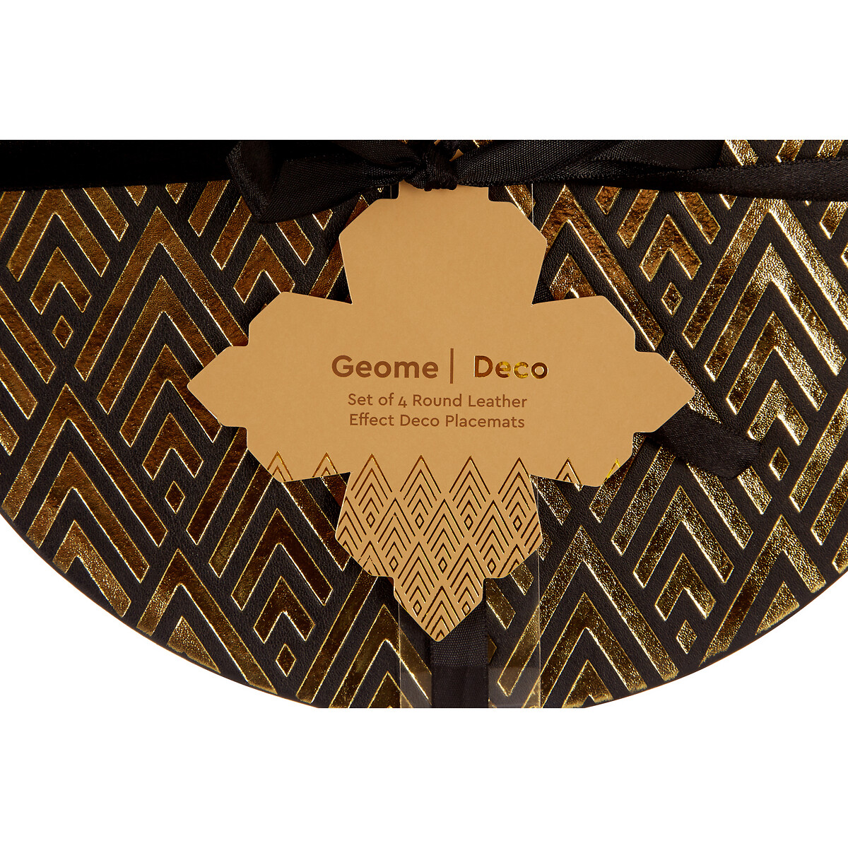 Set of 4 Round Black & Gold Leather Effect Placemats black, SO'HOME
