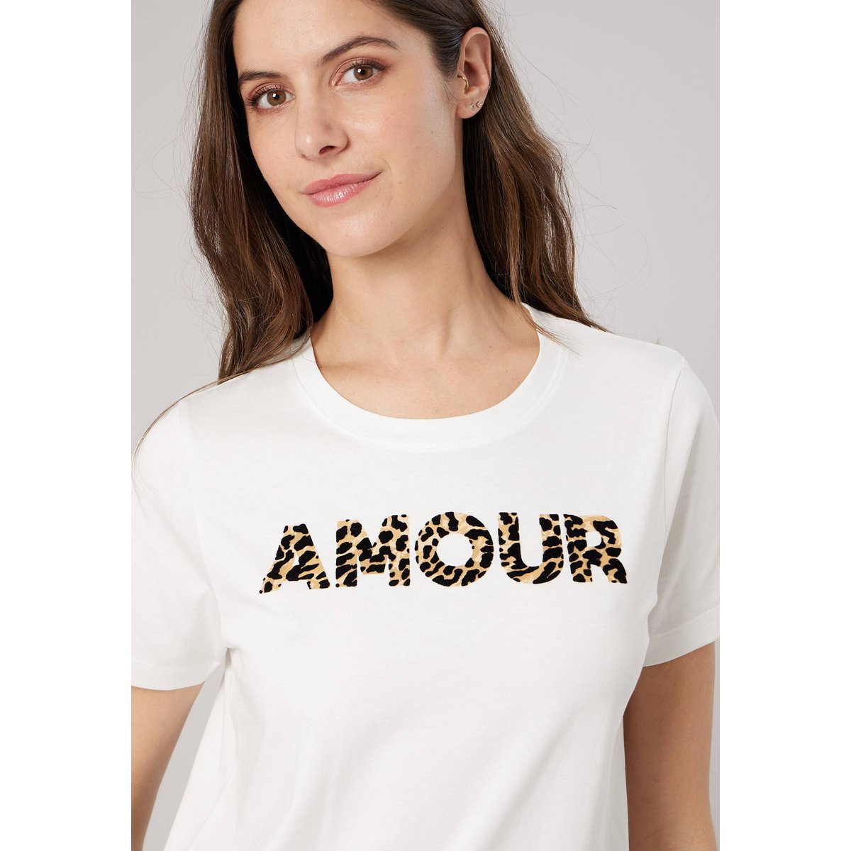 T-shirt regular femme en 100% coton inscription amour en léopard LYANA off white, DEELUXE