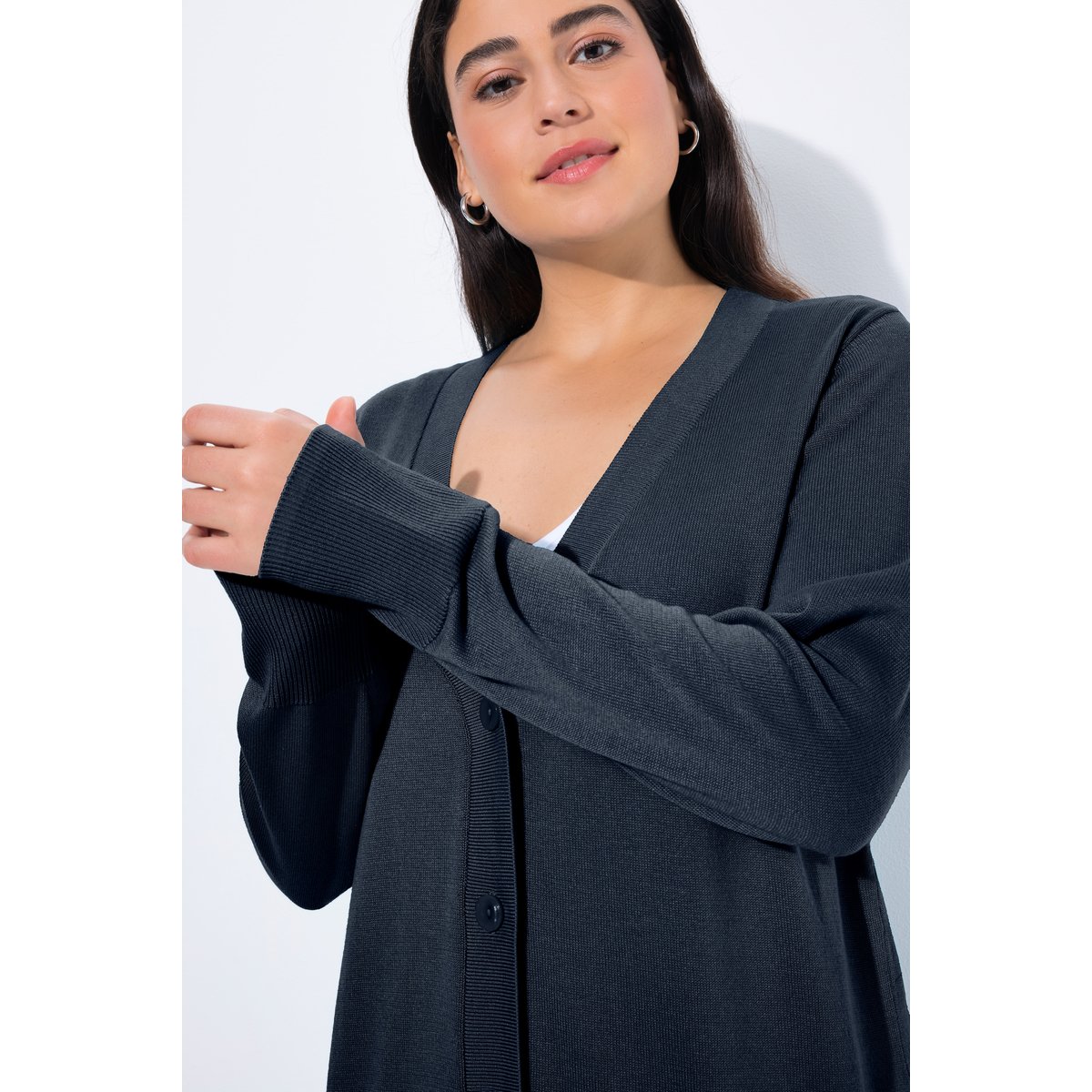 Gilet, maille fine, patte de boutonnage marine, ULLA POPKEN