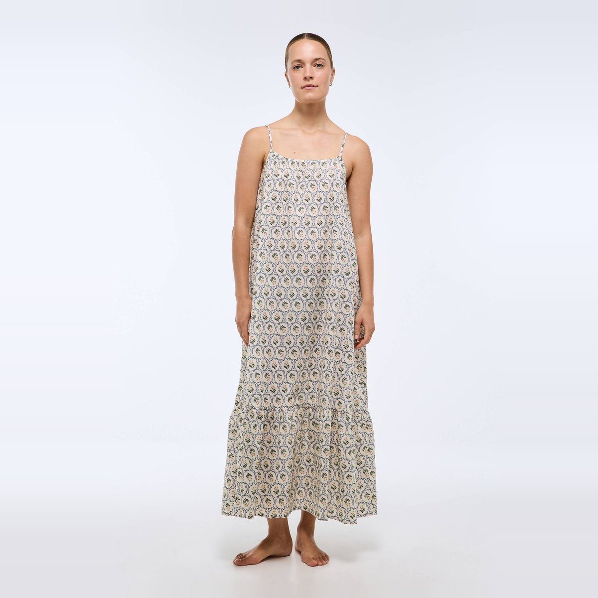 Chemise de nuit longue fines bretelles rayée en coton BIO GOTS butter cream, MONOPRIX
