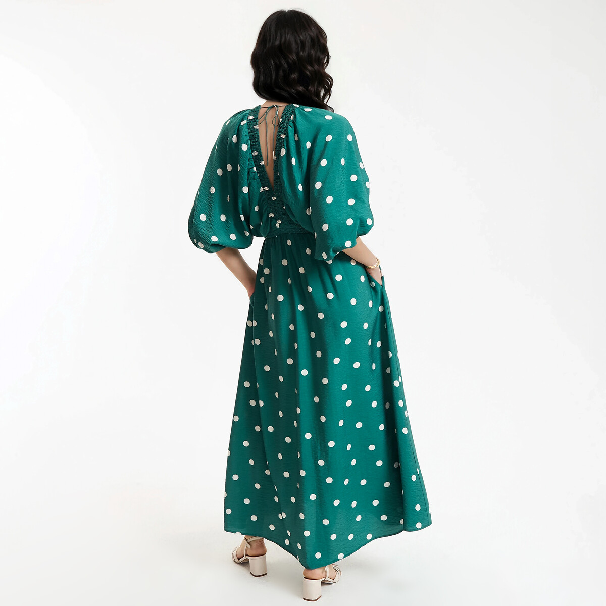 Langes Kleid mit Punkten, V-Ausschnitt, 3/4-Ärmel grün getupft, LA REDOUTE COLLECTIONS